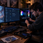 A PC gamer fixing crashes and stutters at a glowing desktop setup