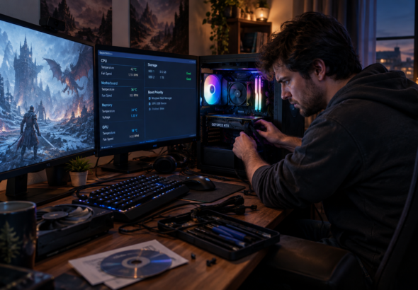 A PC gamer fixing crashes and stutters at a glowing desktop setup