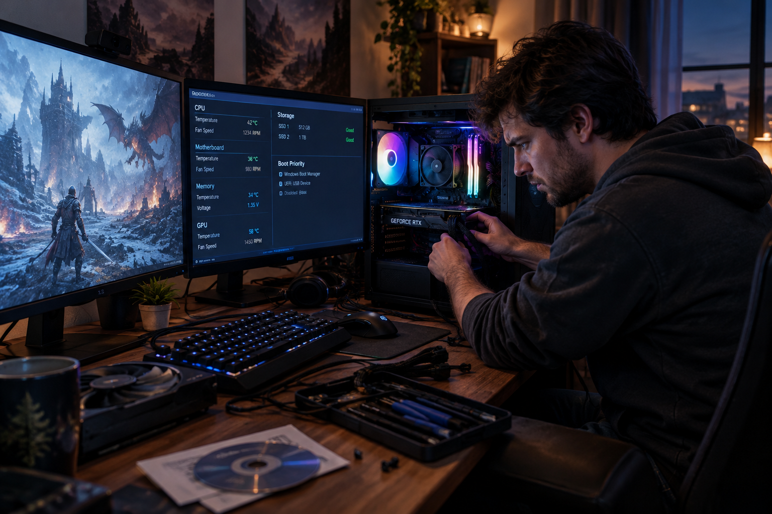 A PC gamer fixing crashes and stutters at a glowing desktop setup