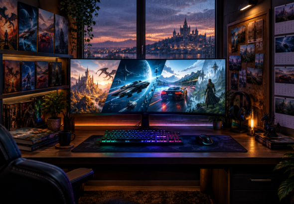 PC gaming setup highlighting major upcoming releases this season